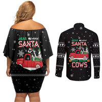 Funny Christmas Cows in Red Truck Couples Matching Off Shoulder Short Dress and Long Sleeve Button Shirt Dear Santa Just Bring Cows Quote on Snowflake - Wonder Print Shop