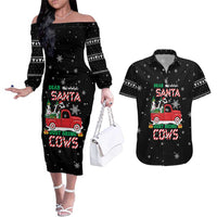 Funny Christmas Cows in Red Truck Couples Matching Off The Shoulder Long Sleeve Dress and Hawaiian Shirt Dear Santa Just Bring Cows Quote on Snowflake - Wonder Print Shop