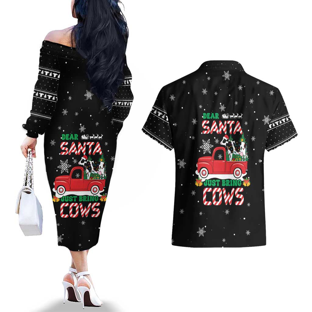 Funny Christmas Cows in Red Truck Couples Matching Off The Shoulder Long Sleeve Dress and Hawaiian Shirt Dear Santa Just Bring Cows Quote on Snowflake - Wonder Print Shop
