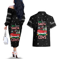 Funny Christmas Cows in Red Truck Couples Matching Off The Shoulder Long Sleeve Dress and Hawaiian Shirt Dear Santa Just Bring Cows Quote on Snowflake - Wonder Print Shop
