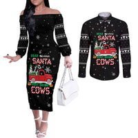 Funny Christmas Cows in Red Truck Couples Matching Off The Shoulder Long Sleeve Dress and Long Sleeve Button Shirt Dear Santa Just Bring Cows Quote on Snowflake - Wonder Print Shop