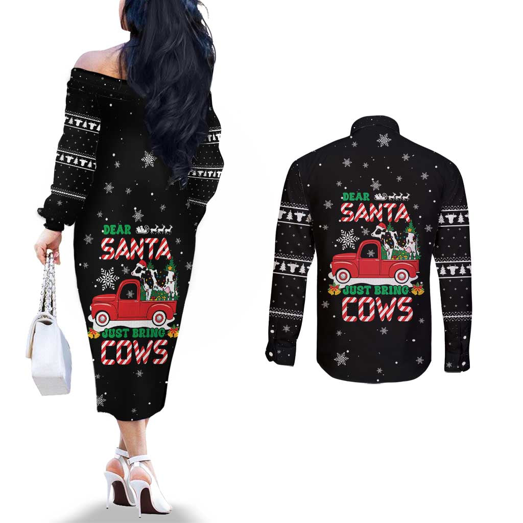 Funny Christmas Cows in Red Truck Couples Matching Off The Shoulder Long Sleeve Dress and Long Sleeve Button Shirt Dear Santa Just Bring Cows Quote on Snowflake - Wonder Print Shop