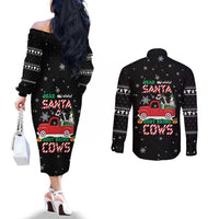 Funny Christmas Cows in Red Truck Couples Matching Off The Shoulder Long Sleeve Dress and Long Sleeve Button Shirt Dear Santa Just Bring Cows Quote on Snowflake - Wonder Print Shop