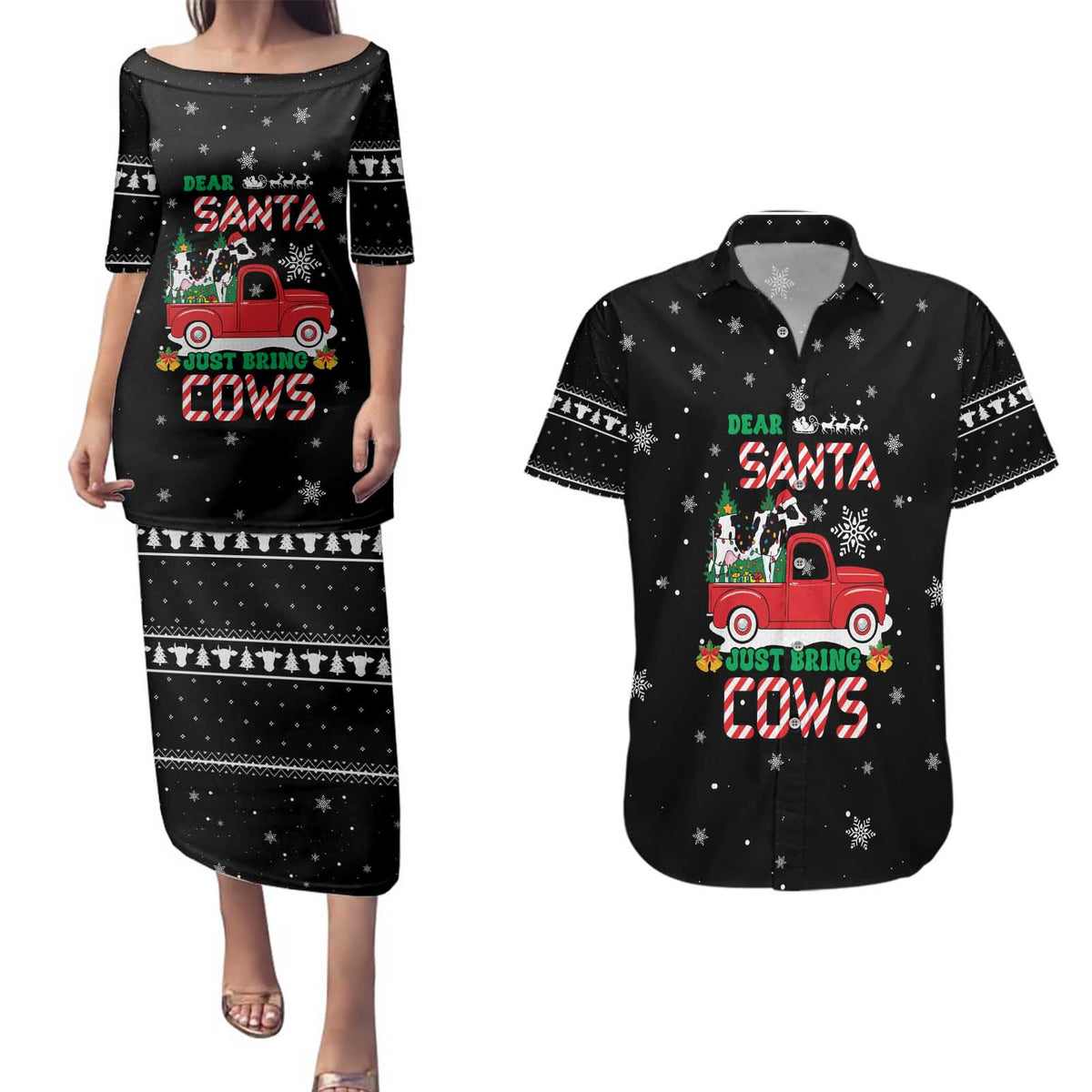 Funny Christmas Cows in Red Truck Couples Matching Puletasi and Hawaiian Shirt Dear Santa Just Bring Cows Quote on Snowflake - Wonder Print Shop
