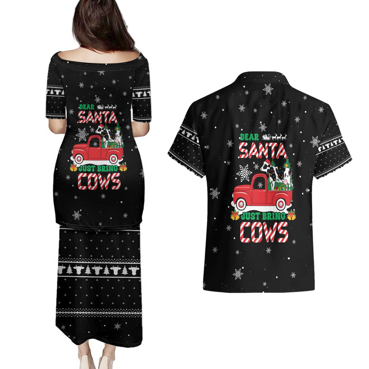 Funny Christmas Cows in Red Truck Couples Matching Puletasi and Hawaiian Shirt Dear Santa Just Bring Cows Quote on Snowflake - Wonder Print Shop