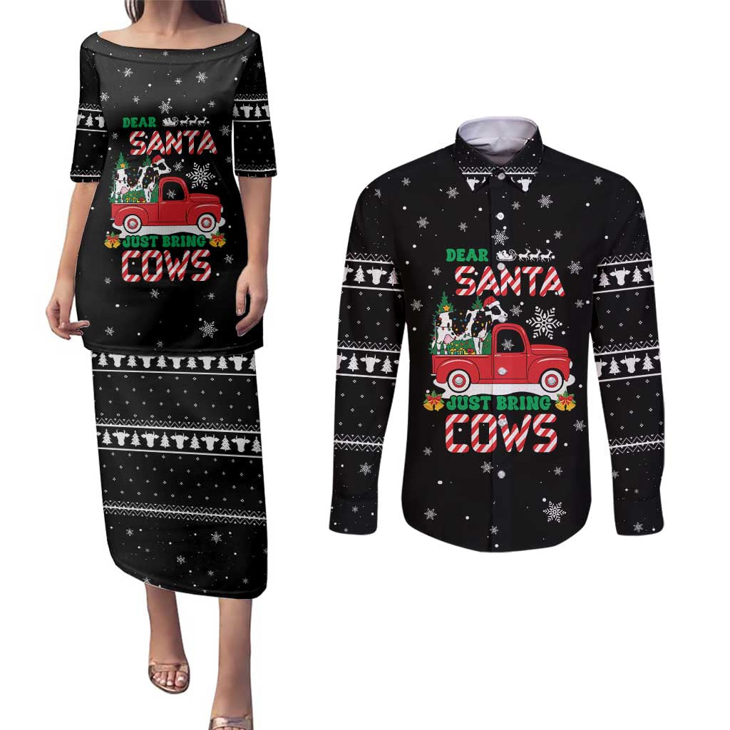 Funny Christmas Cows in Red Truck Couples Matching Puletasi and Long Sleeve Button Shirt Dear Santa Just Bring Cows Quote on Snowflake - Wonder Print Shop