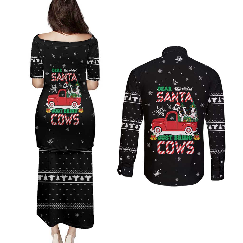 Funny Christmas Cows in Red Truck Couples Matching Puletasi and Long Sleeve Button Shirt Dear Santa Just Bring Cows Quote on Snowflake - Wonder Print Shop
