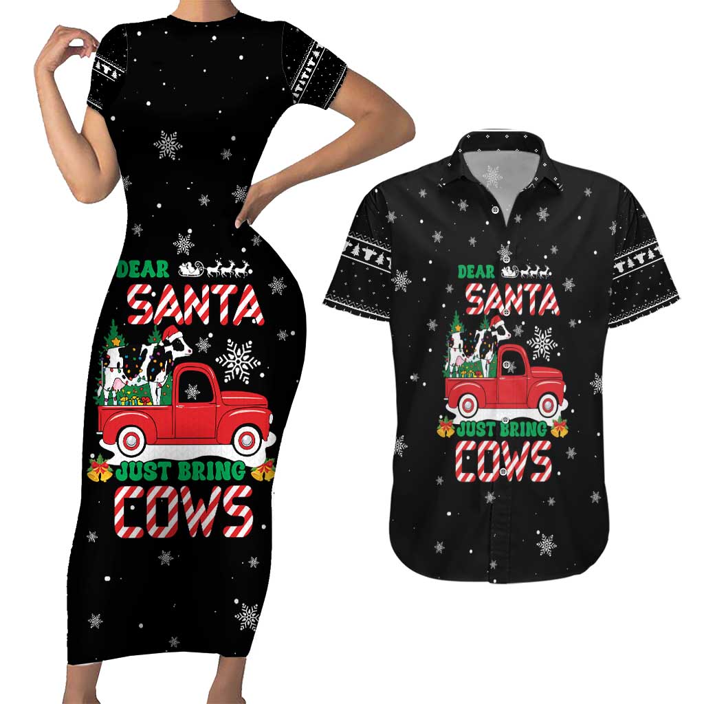 Funny Christmas Cows in Red Truck Couples Matching Short Sleeve Bodycon Dress and Hawaiian Shirt Dear Santa Just Bring Cows Quote on Snowflake - Wonder Print Shop