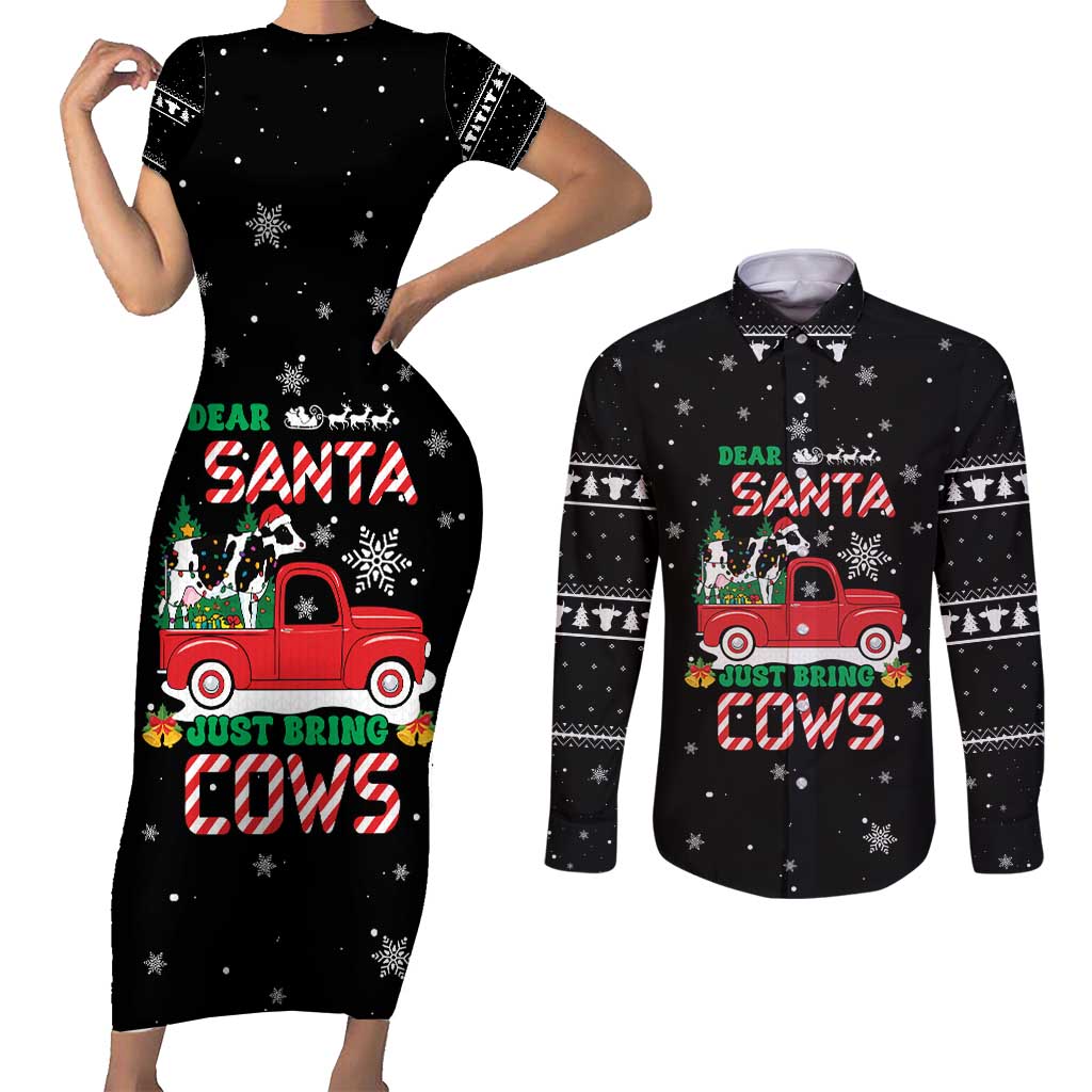 Funny Christmas Cows in Red Truck Couples Matching Short Sleeve Bodycon Dress and Long Sleeve Button Shirt Dear Santa Just Bring Cows Quote on Snowflake - Wonder Print Shop