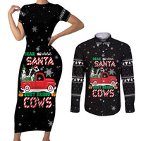 Funny Christmas Cows in Red Truck Couples Matching Short Sleeve Bodycon Dress and Long Sleeve Button Shirt Dear Santa Just Bring Cows Quote on Snowflake - Wonder Print Shop