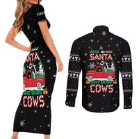Funny Christmas Cows in Red Truck Couples Matching Short Sleeve Bodycon Dress and Long Sleeve Button Shirt Dear Santa Just Bring Cows Quote on Snowflake - Wonder Print Shop
