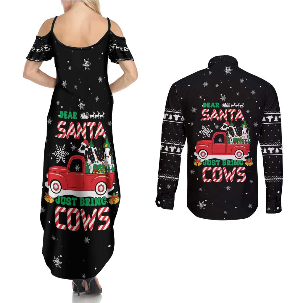 Funny Christmas Cows in Red Truck Couples Matching Summer Maxi Dress and Long Sleeve Button Shirt Dear Santa Just Bring Cows Quote on Snowflake - Wonder Print Shop