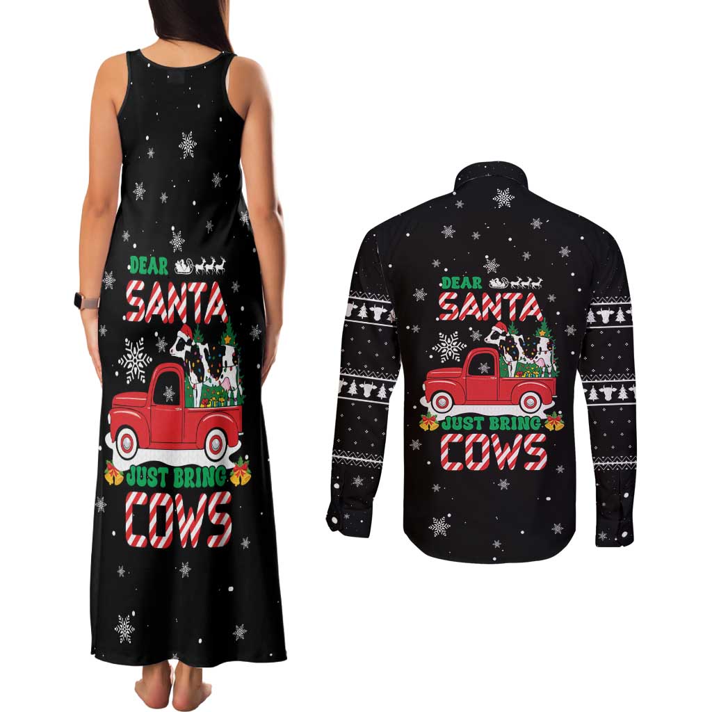 Funny Christmas Cows in Red Truck Couples Matching Tank Maxi Dress and Long Sleeve Button Shirt Dear Santa Just Bring Cows Quote on Snowflake - Wonder Print Shop