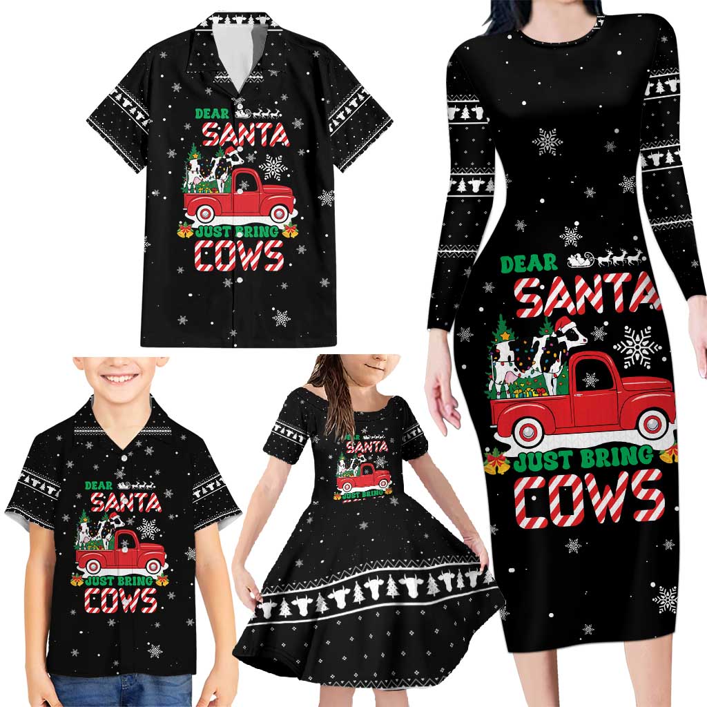 Funny Christmas Cows in Red Truck Family Matching Long Sleeve Bodycon Dress and Hawaiian Shirt Dear Santa Just Bring Cows Quote on Snowflake - Wonder Print Shop