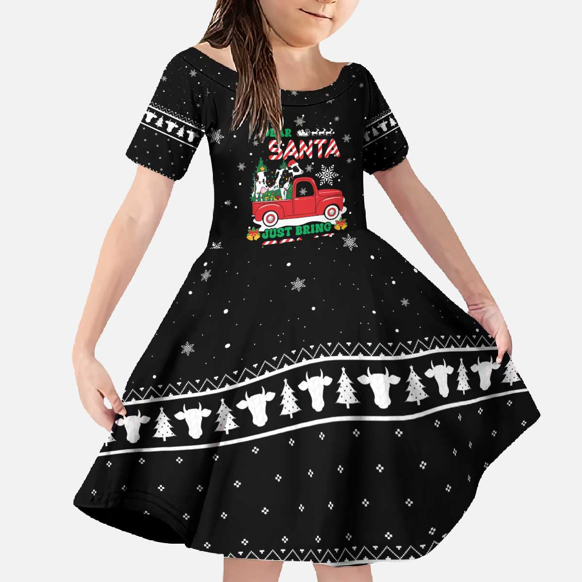 Funny Christmas Cows in Red Truck Family Matching Off The Shoulder Long Sleeve Dress and Hawaiian Shirt Dear Santa Just Bring Cows Quote on Snowflake - Wonder Print Shop