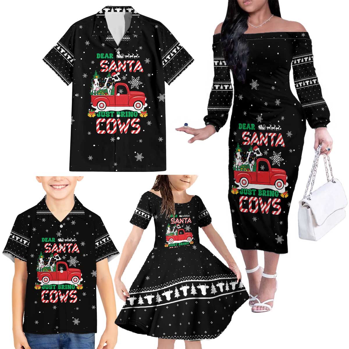 Funny Christmas Cows in Red Truck Family Matching Off The Shoulder Long Sleeve Dress and Hawaiian Shirt Dear Santa Just Bring Cows Quote on Snowflake - Wonder Print Shop