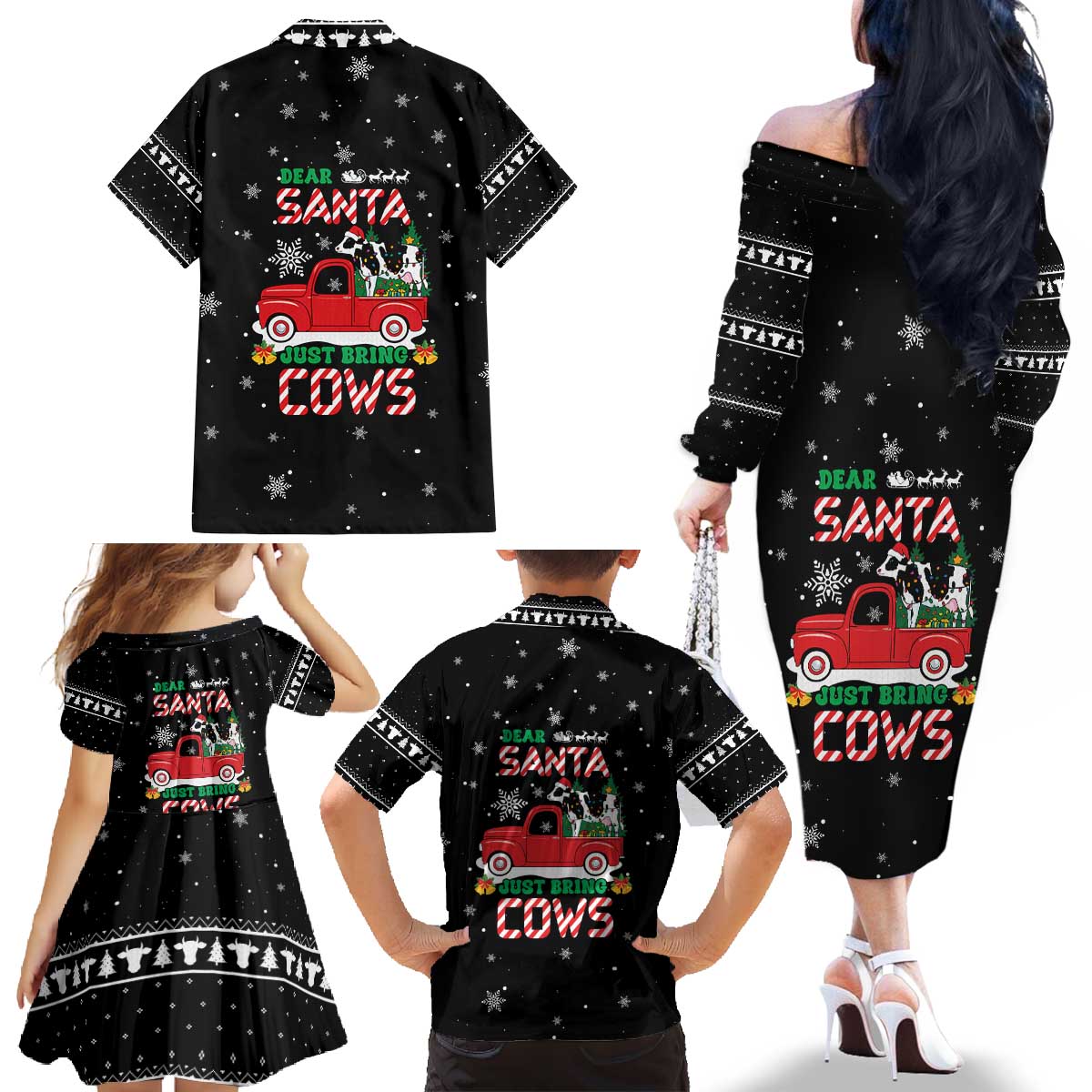 Funny Christmas Cows in Red Truck Family Matching Off The Shoulder Long Sleeve Dress and Hawaiian Shirt Dear Santa Just Bring Cows Quote on Snowflake - Wonder Print Shop