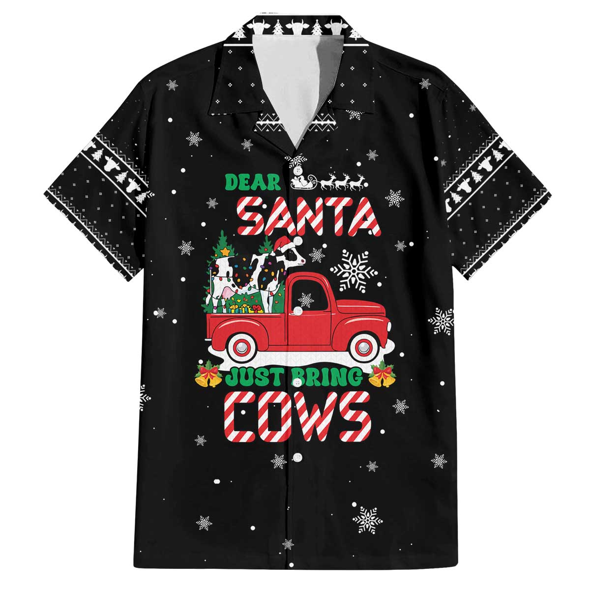 Funny Christmas Cows in Red Truck Family Matching Off The Shoulder Long Sleeve Dress and Hawaiian Shirt Dear Santa Just Bring Cows Quote on Snowflake - Wonder Print Shop