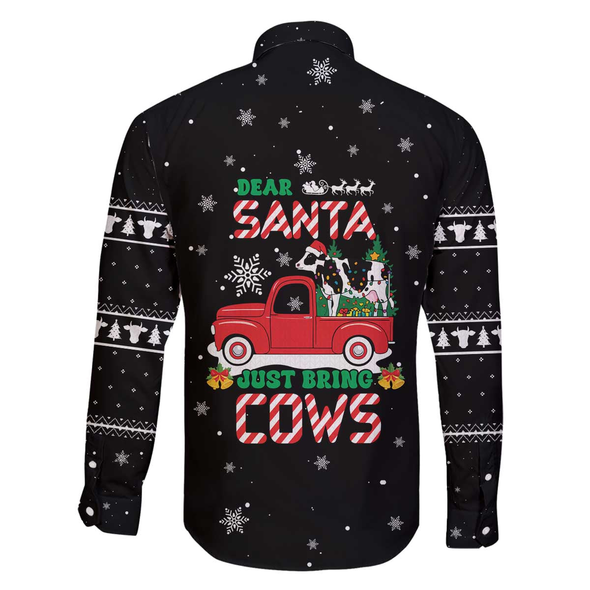 Funny Christmas Cows in Red Truck Family Matching Off The Shoulder Long Sleeve Dress and Hawaiian Shirt Dear Santa Just Bring Cows Quote on Snowflake - Wonder Print Shop