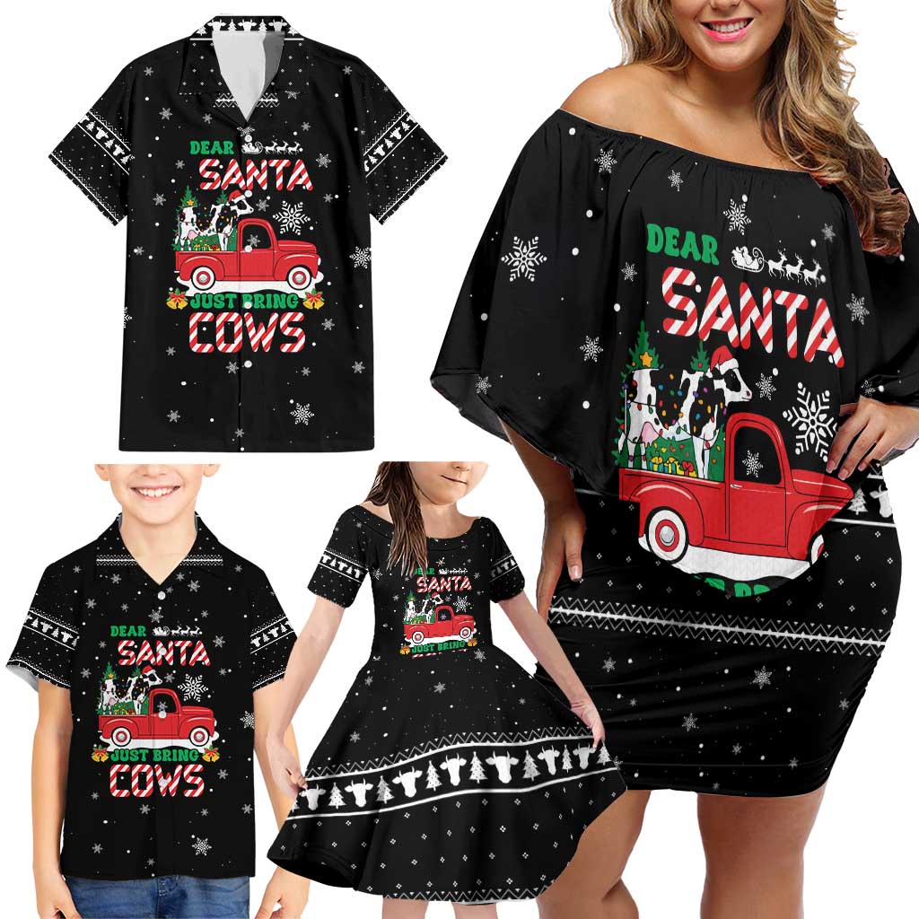 Funny Christmas Cows in Red Truck Family Matching Off Shoulder Short Dress and Hawaiian Shirt Dear Santa Just Bring Cows Quote on Snowflake - Wonder Print Shop