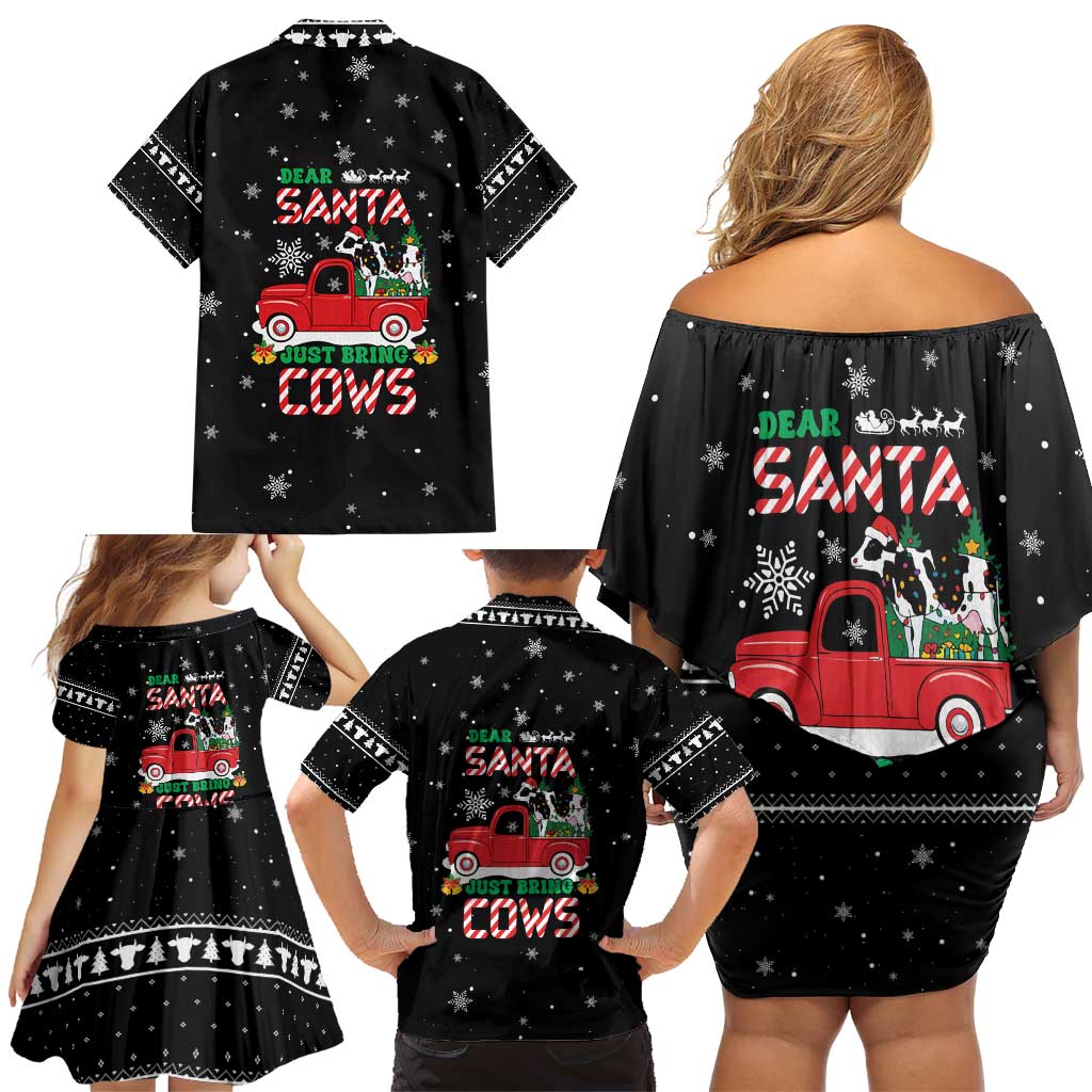 Funny Christmas Cows in Red Truck Family Matching Off Shoulder Short Dress and Hawaiian Shirt Dear Santa Just Bring Cows Quote on Snowflake - Wonder Print Shop