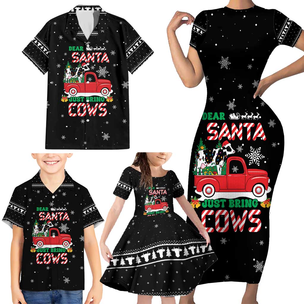 Funny Christmas Cows in Red Truck Family Matching Short Sleeve Bodycon Dress and Hawaiian Shirt Dear Santa Just Bring Cows Quote on Snowflake - Wonder Print Shop