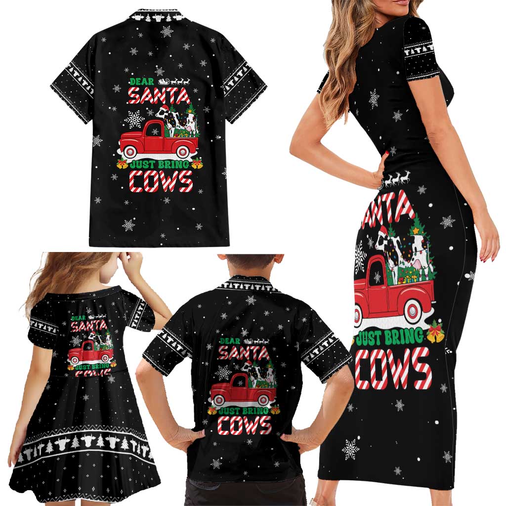 Funny Christmas Cows in Red Truck Family Matching Short Sleeve Bodycon Dress and Hawaiian Shirt Dear Santa Just Bring Cows Quote on Snowflake - Wonder Print Shop