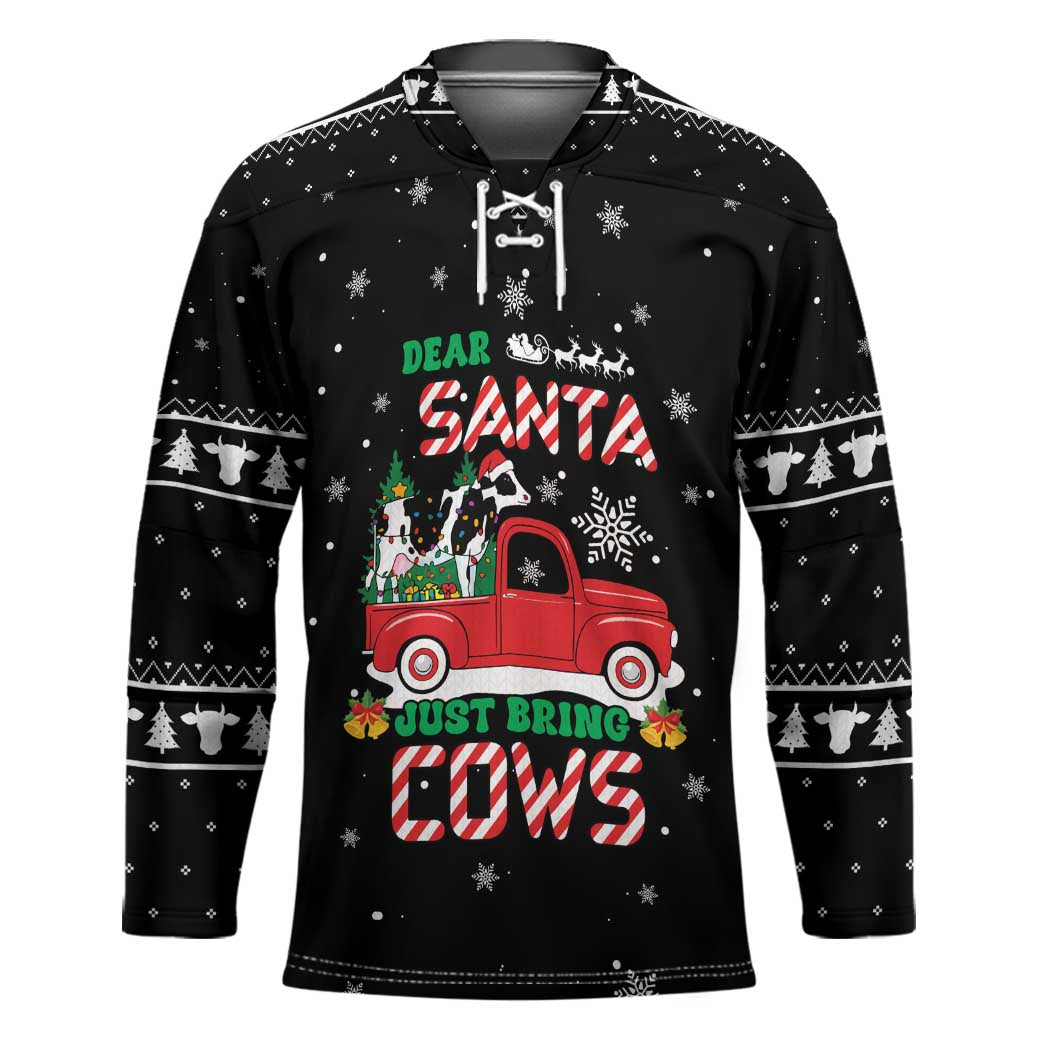 Funny Christmas Cows in Red Truck Hockey Jersey Dear Santa Just Bring Cows Quote on Snowflake - Wonder Print Shop