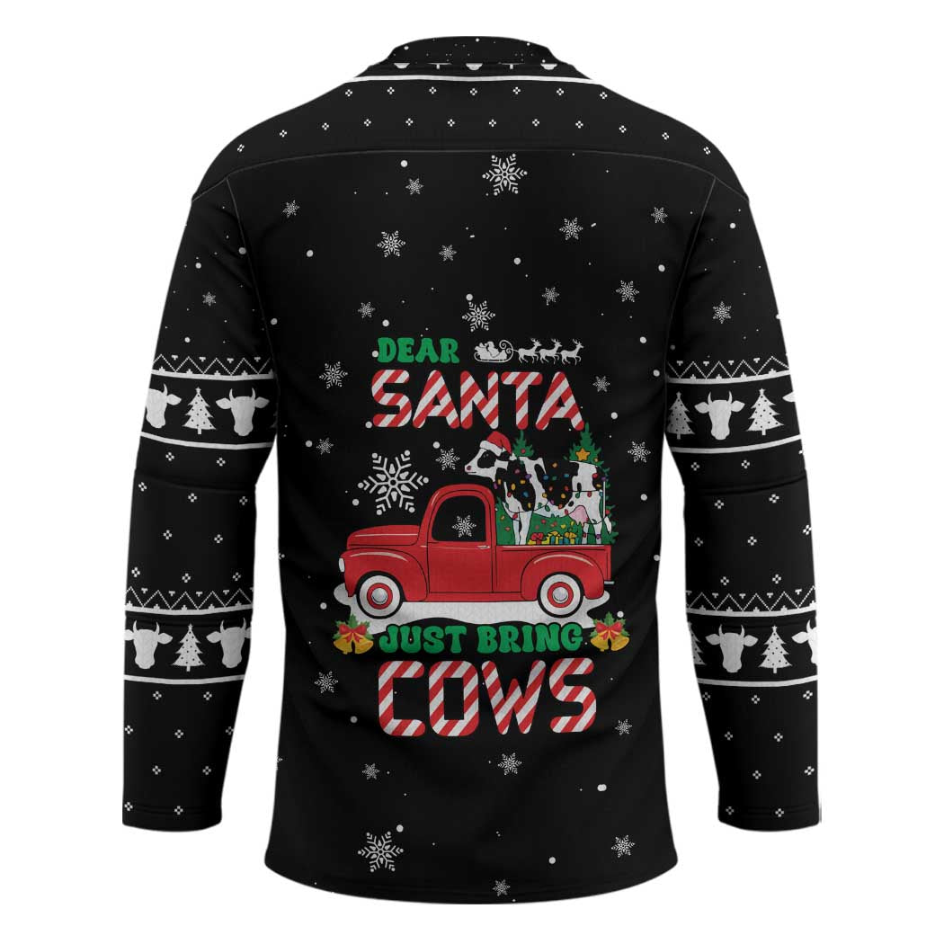 Funny Christmas Cows in Red Truck Hockey Jersey Dear Santa Just Bring Cows Quote on Snowflake - Wonder Print Shop