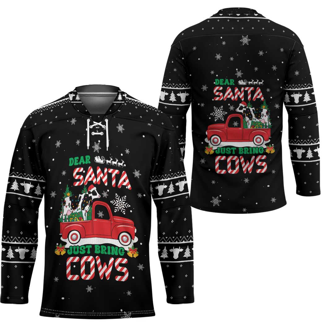 Funny Christmas Cows in Red Truck Hockey Jersey Dear Santa Just Bring Cows Quote on Snowflake - Wonder Print Shop