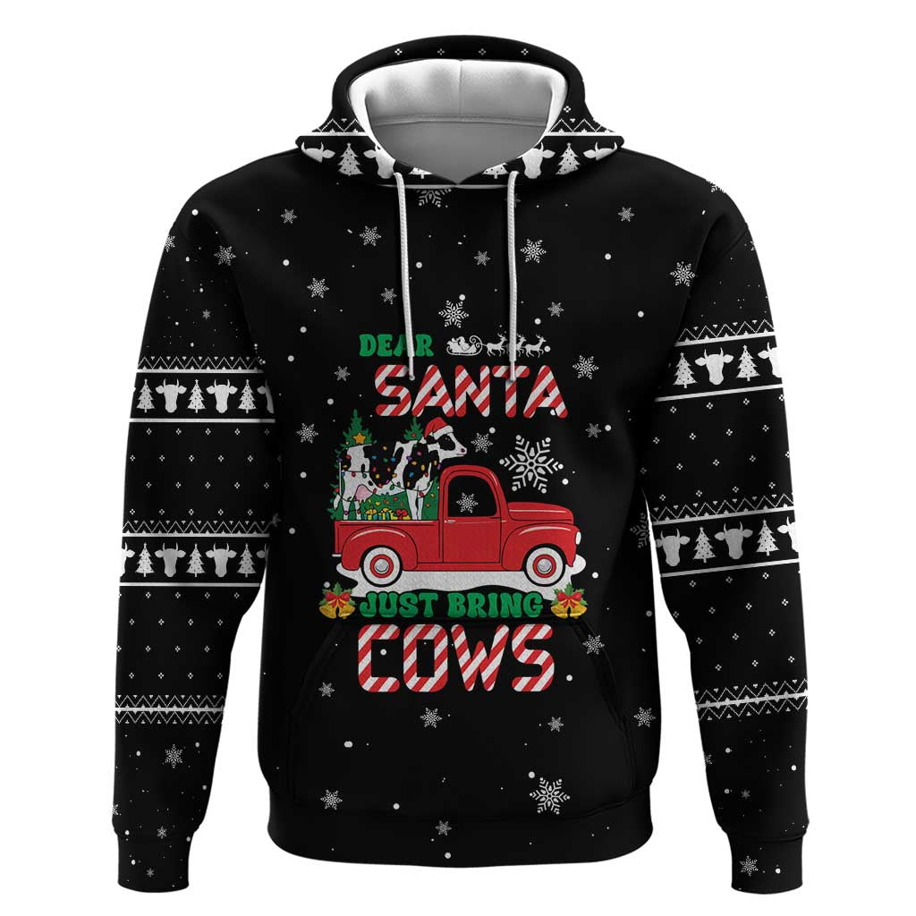 Funny Christmas Cows in Red Truck Hoodie Dear Santa Just Bring Cows Quote on Snowflake - Wonder Print Shop