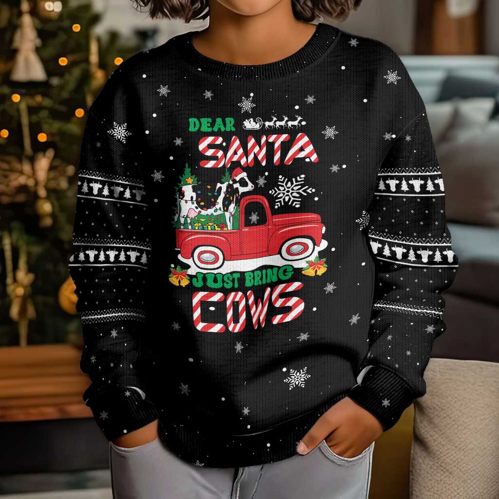 Funny Christmas Cows in Red Truck Kid Ugly Christmas Sweater Dear Santa Just Bring Cows Quote on Snowflake - Wonder Print Shop