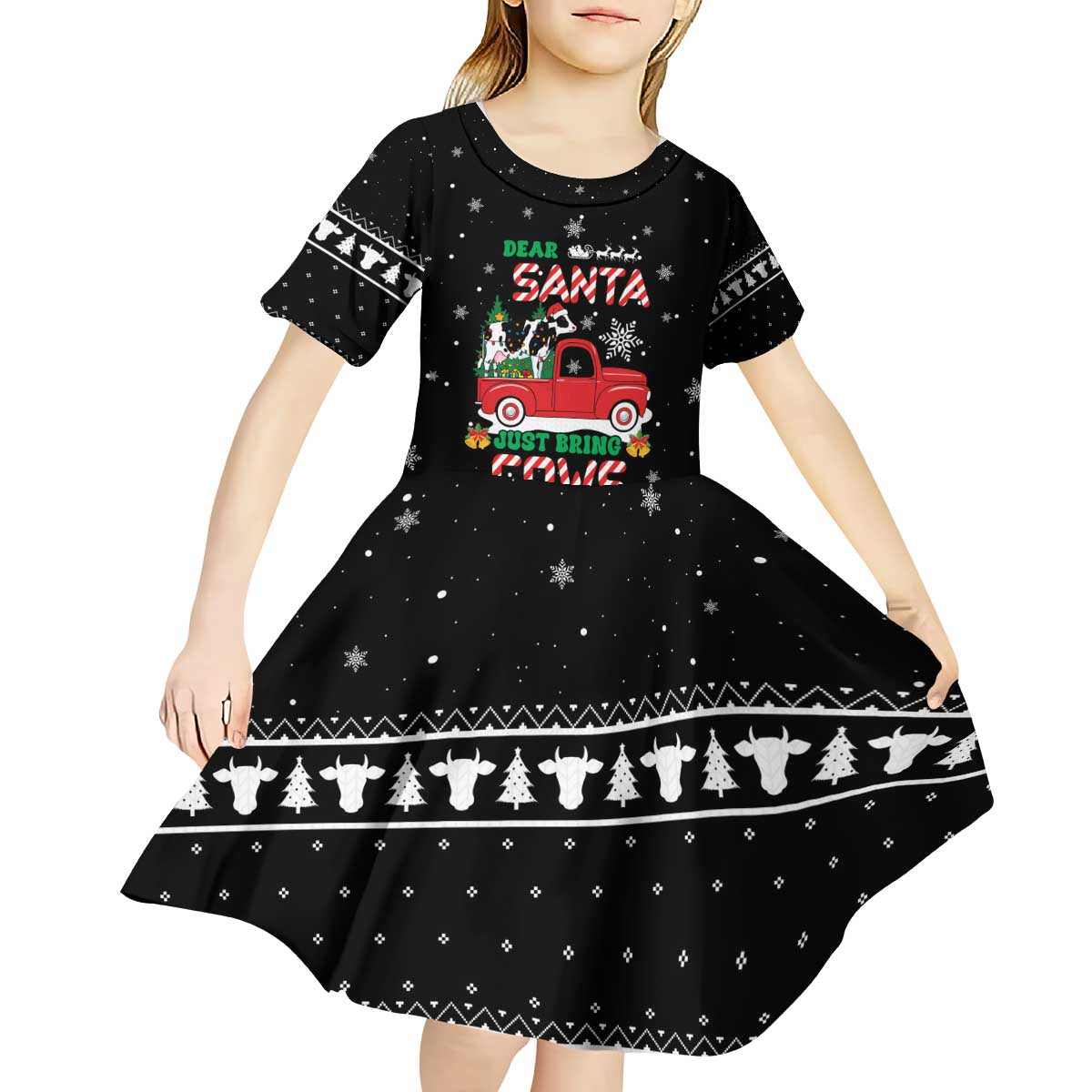Funny Christmas Cows in Red Truck Kid Short Sleeve Dress Dear Santa Just Bring Cows Quote on Snowflake - Wonder Print Shop
