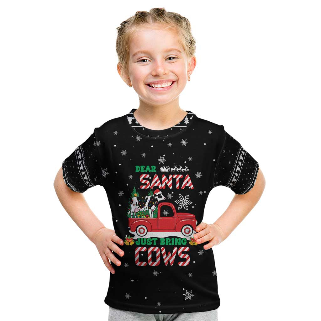 Funny Christmas Cows in Red Truck Kid T Shirt Dear Santa Just Bring Cows Quote on Snowflake - Wonder Print Shop