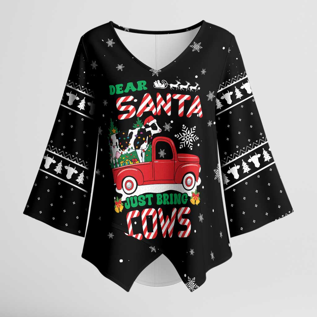 Funny Christmas Cows in Red Truck Kimono Sleeve Blouse Dear Santa Just Bring Cows Quote on Snowflake - Wonder Print Shop