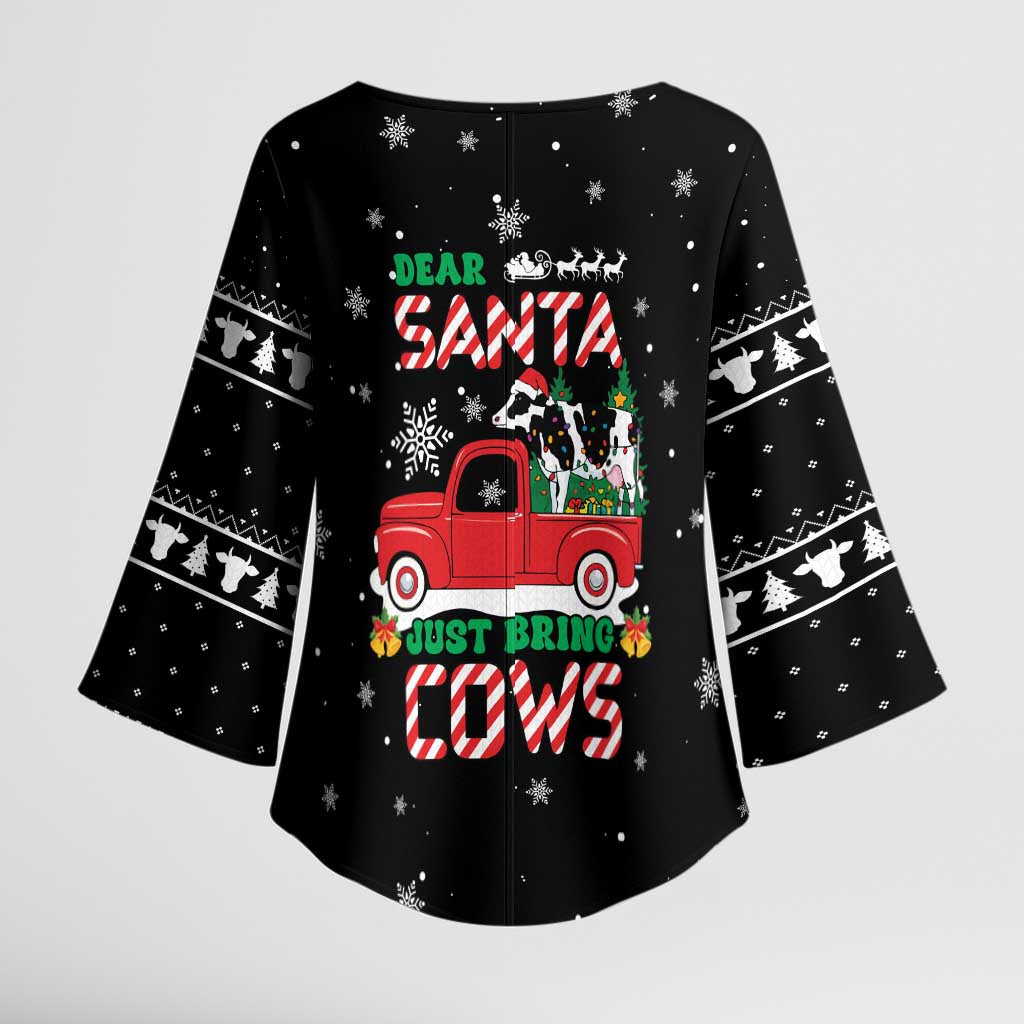 Funny Christmas Cows in Red Truck Kimono Sleeve Blouse Dear Santa Just Bring Cows Quote on Snowflake - Wonder Print Shop