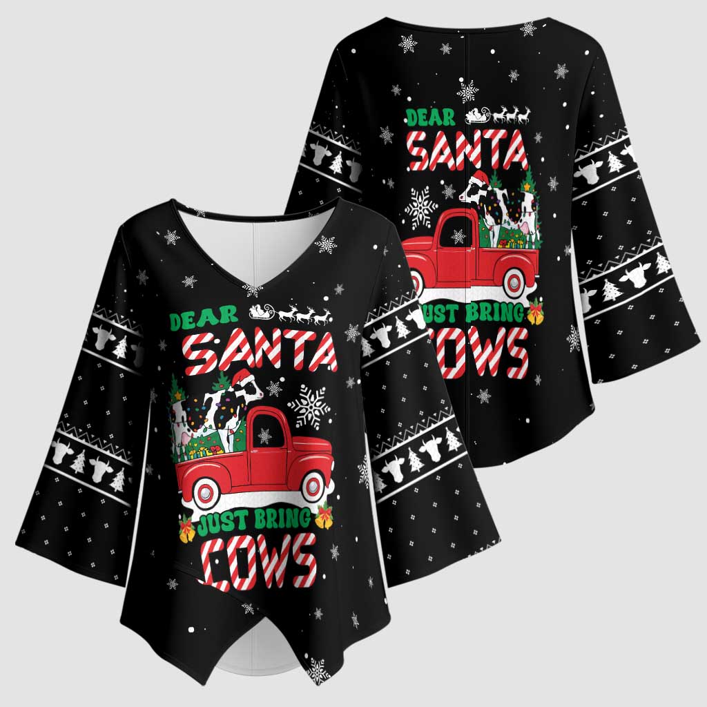 Funny Christmas Cows in Red Truck Kimono Sleeve Blouse Dear Santa Just Bring Cows Quote on Snowflake - Wonder Print Shop