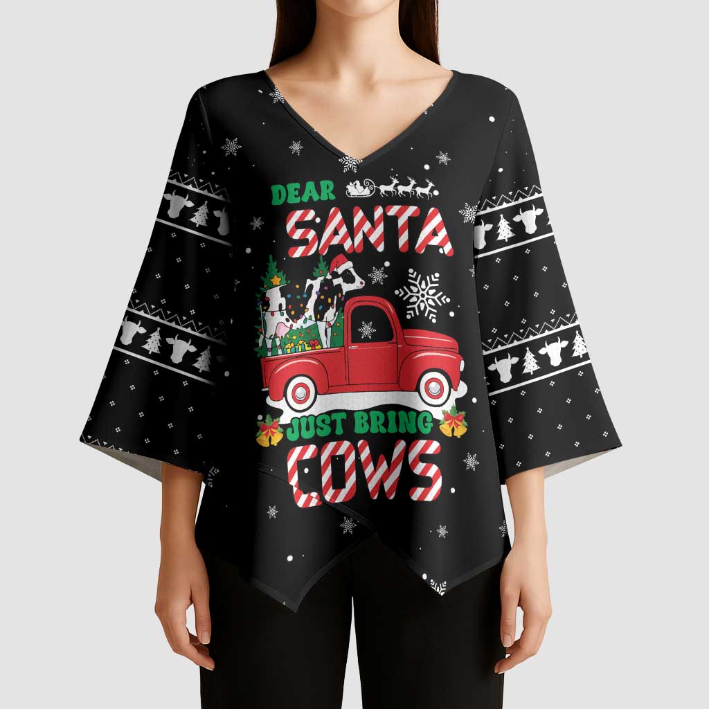 Funny Christmas Cows in Red Truck Kimono Sleeve Blouse Dear Santa Just Bring Cows Quote on Snowflake - Wonder Print Shop