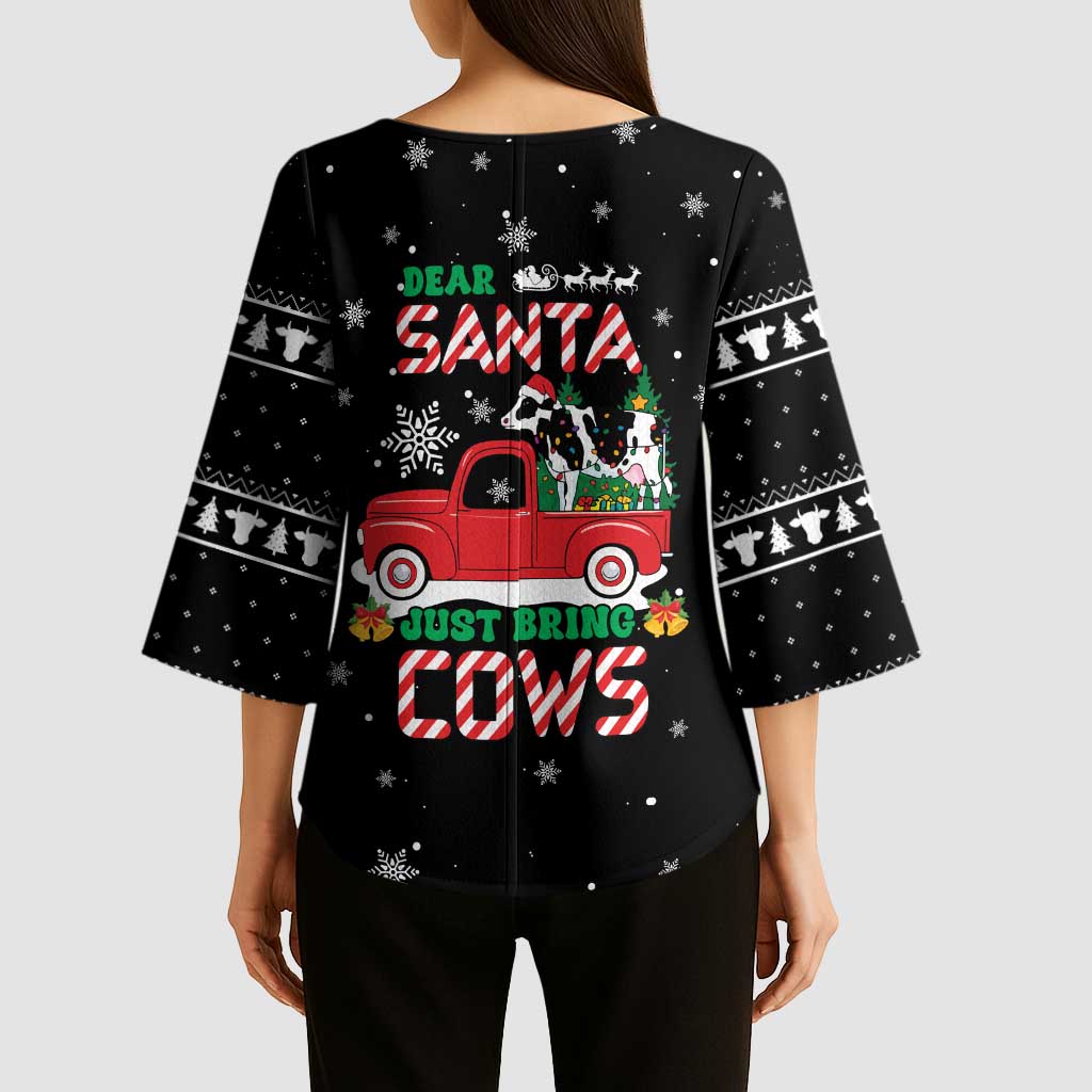 Funny Christmas Cows in Red Truck Kimono Sleeve Blouse Dear Santa Just Bring Cows Quote on Snowflake - Wonder Print Shop