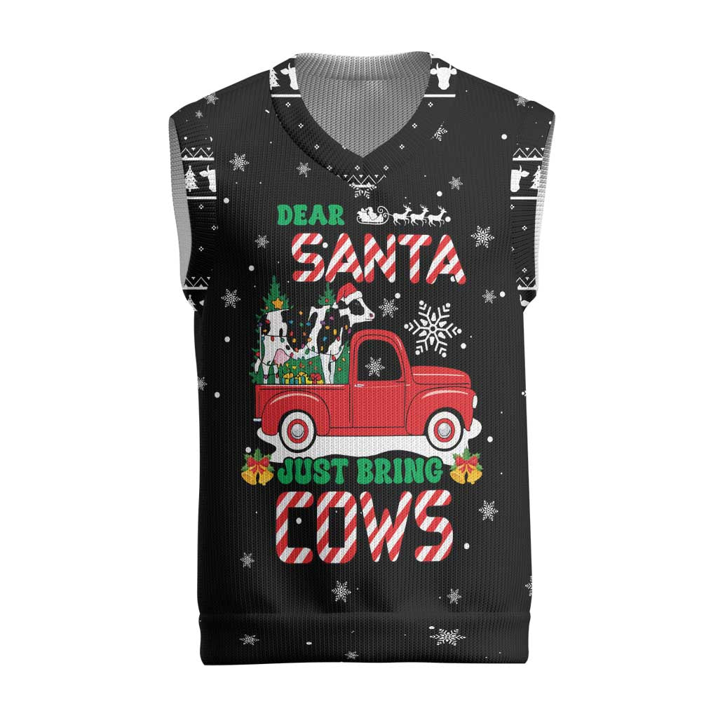 Funny Christmas Cows in Red Truck Christmas Knitted V-Neck Vest Dear Santa Just Bring Cows Quote on Snowflake - Wonder Print Shop