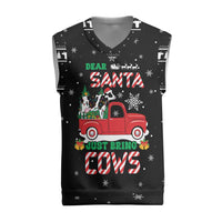 Funny Christmas Cows in Red Truck Christmas Knitted V-Neck Vest Dear Santa Just Bring Cows Quote on Snowflake - Wonder Print Shop