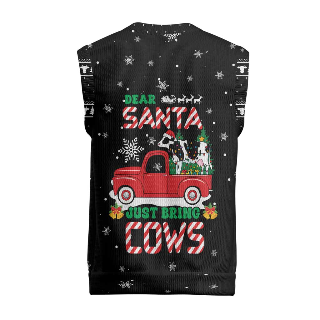 Funny Christmas Cows in Red Truck Christmas Knitted V-Neck Vest Dear Santa Just Bring Cows Quote on Snowflake - Wonder Print Shop