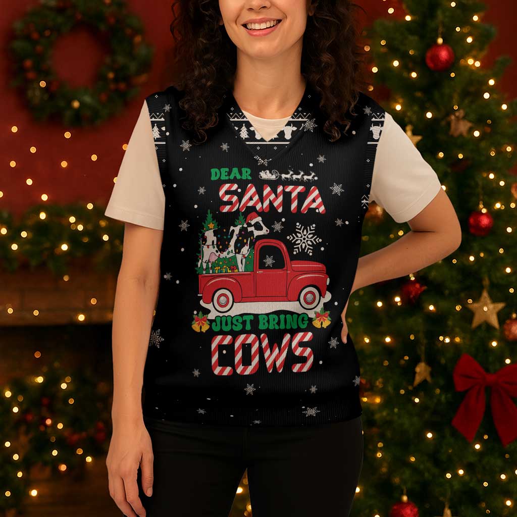 Funny Christmas Cows in Red Truck Christmas Knitted V-Neck Vest Dear Santa Just Bring Cows Quote on Snowflake - Wonder Print Shop