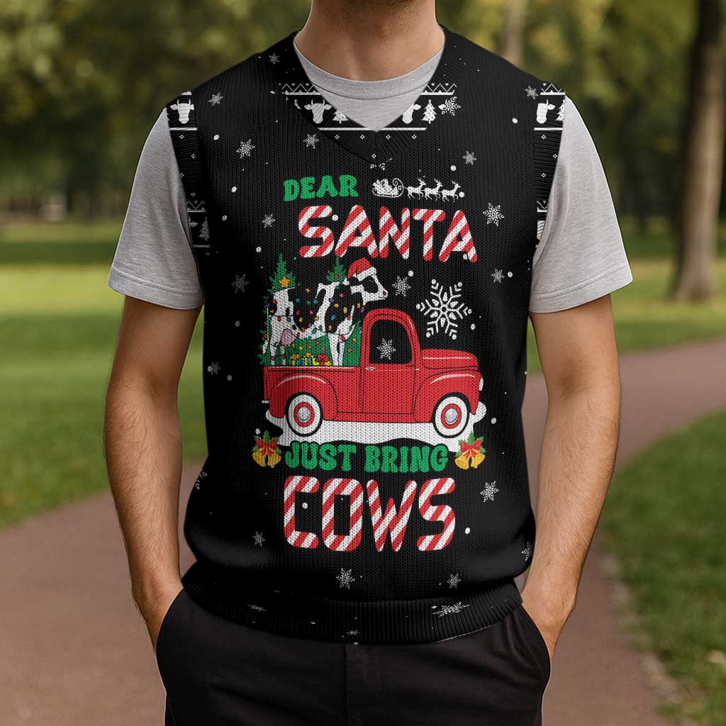 Funny Christmas Cows in Red Truck Christmas Knitted V-Neck Vest Dear Santa Just Bring Cows Quote on Snowflake - Wonder Print Shop