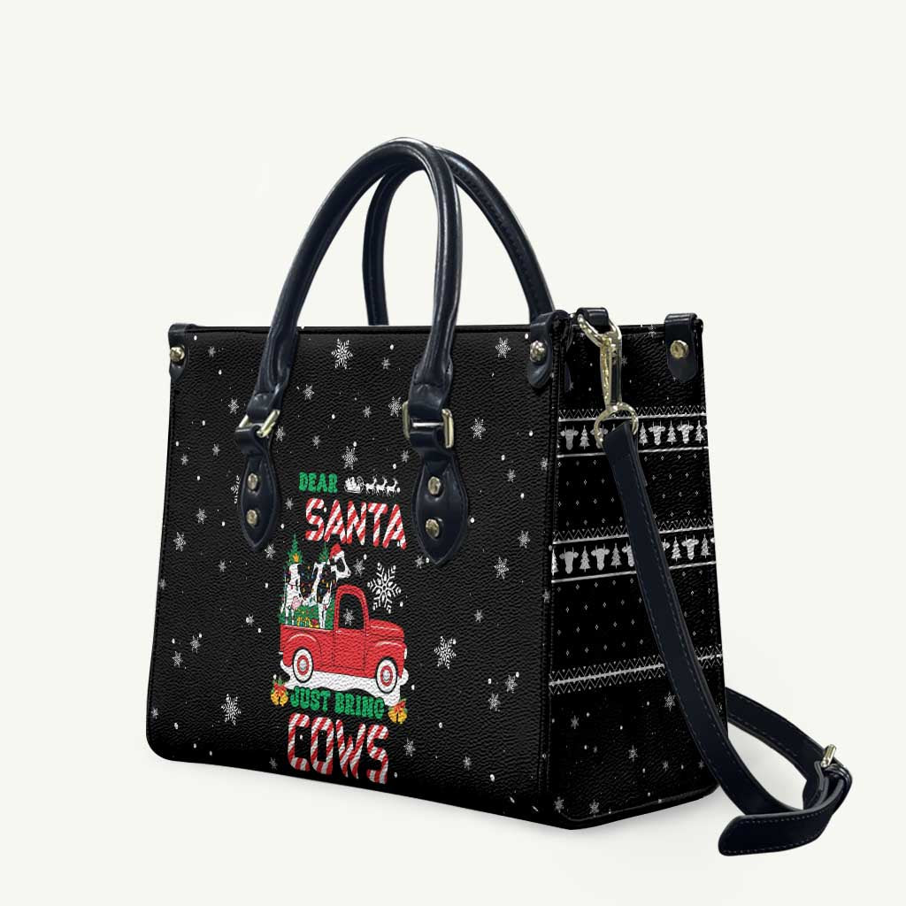 Funny Christmas Cows in Red Truck Leather Bag Dear Santa Just Bring Cows Quote on Snowflake - Wonder Print Shop