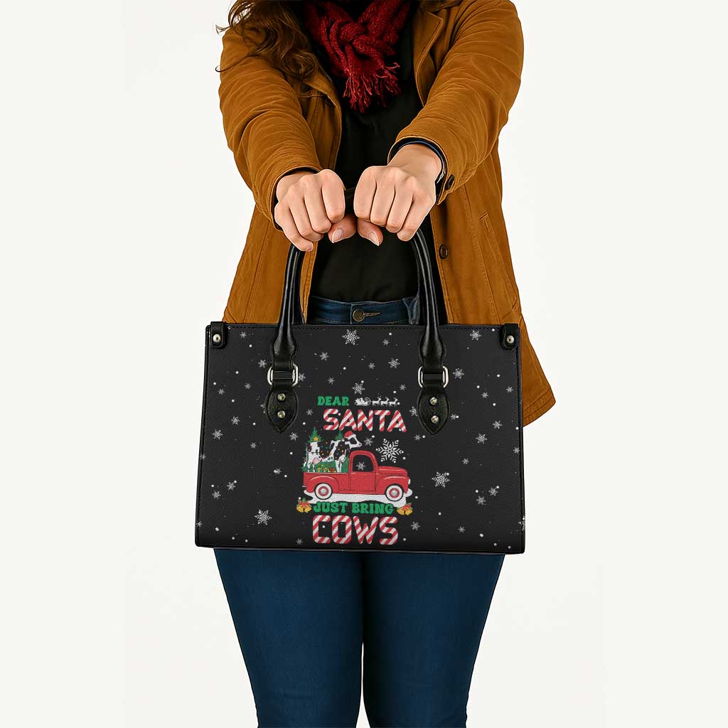 Funny Christmas Cows in Red Truck Leather Bag Dear Santa Just Bring Cows Quote on Snowflake - Wonder Print Shop