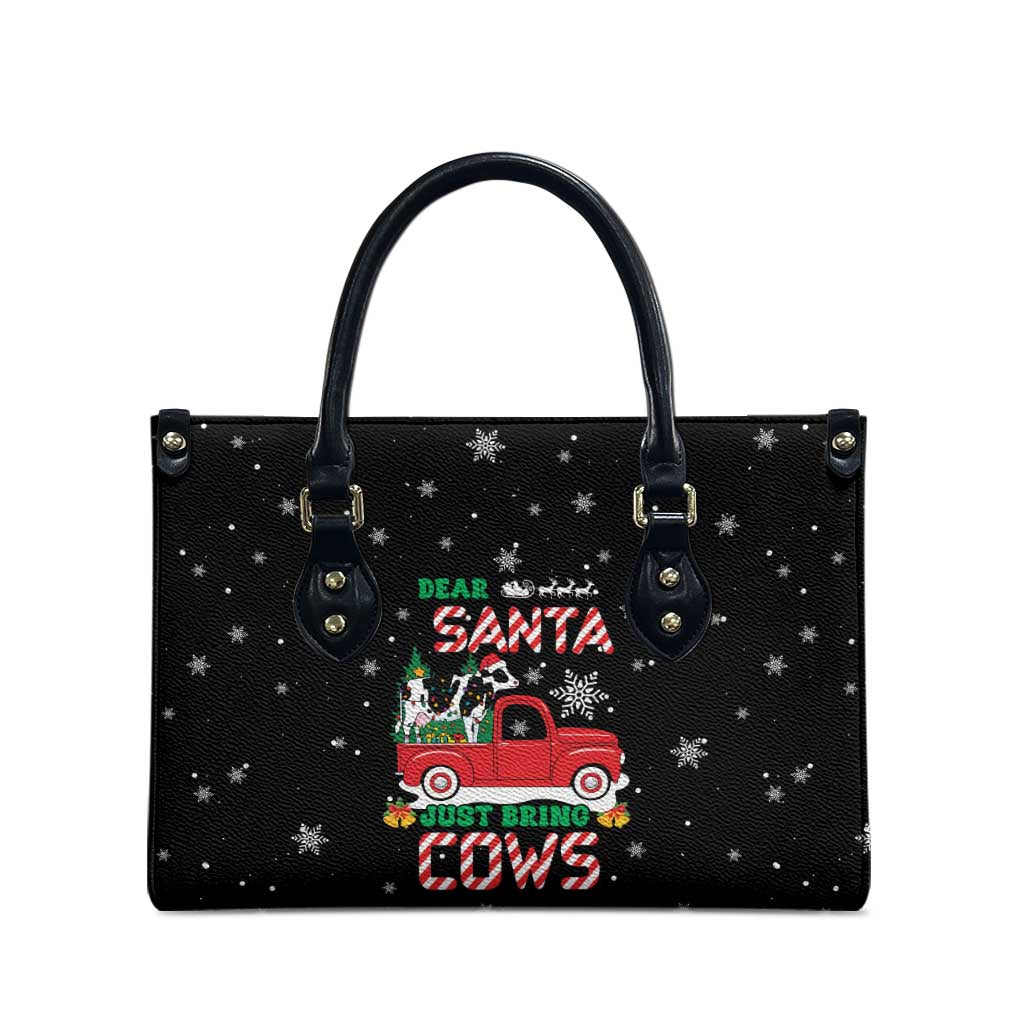 Funny Christmas Cows in Red Truck Leather Bag Dear Santa Just Bring Cows Quote on Snowflake - Wonder Print Shop