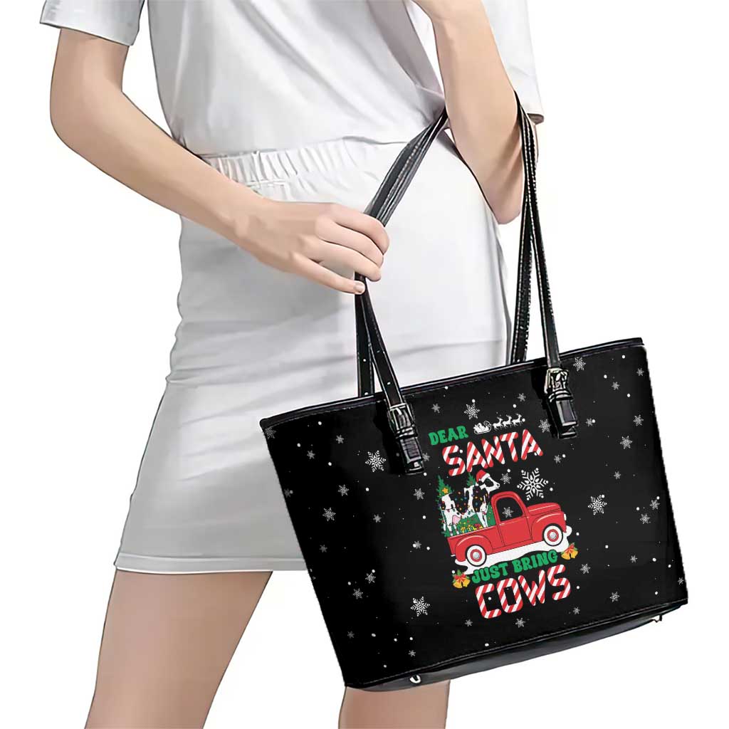 Funny Christmas Cows in Red Truck Leather Tote Bag Dear Santa Just Bring Cows Quote on Snowflake - Wonder Print Shop