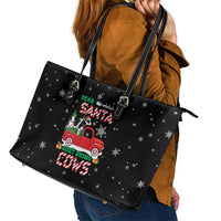 Funny Christmas Cows in Red Truck Leather Tote Bag Dear Santa Just Bring Cows Quote on Snowflake - Wonder Print Shop