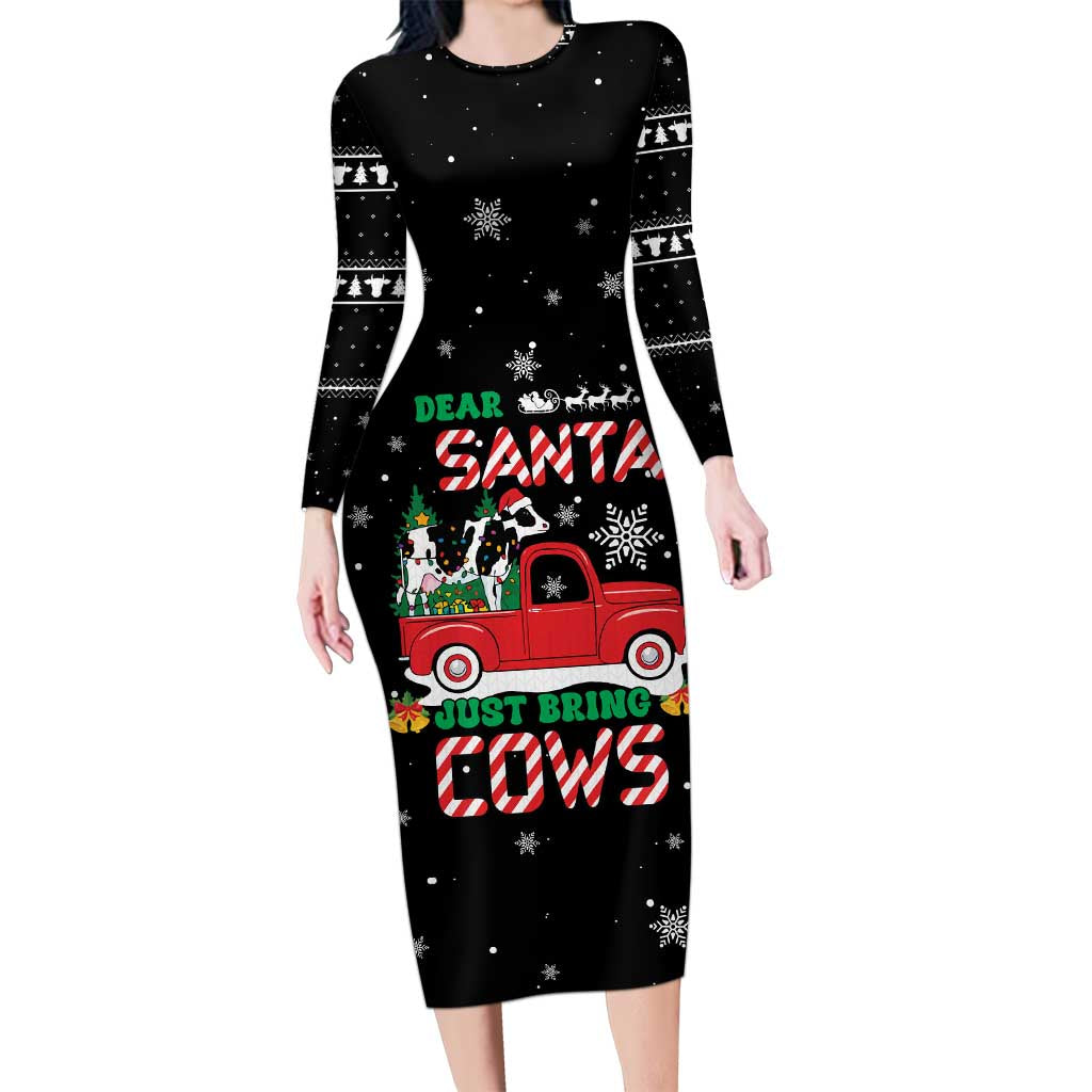 Funny Christmas Cows in Red Truck Long Sleeve Bodycon Dress Dear Santa Just Bring Cows Quote on Snowflake - Wonder Print Shop